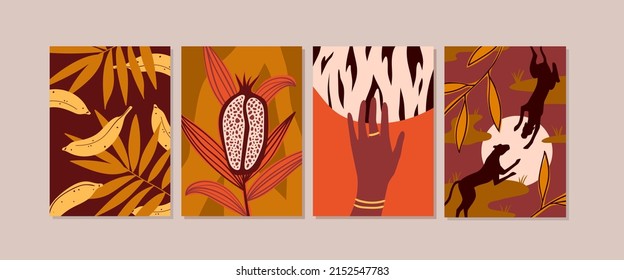 Set of african wild symbols posters. Jungle leopard animals, exotic vegetation, savanna plants and trees, afro cultural woman, tribal traditional decorative ornament vector illustration