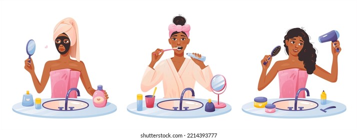 
A set of african woman doing morning hygiene in the bathroom. Self care at home. Young african girl during daily hygiene. Cartoon vector illustration.