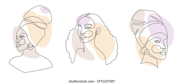 Set of African Woman Faces in one Line drawing. Abstract Vector Portrait of female in minimalistic modern style. Afro girl in turban. Vector fashion illustration