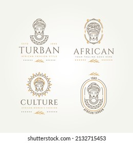 set of african woman fashion culture line art logo. african woman with turban and ethnic round tribal symbol line art badge logo template vector illustration design