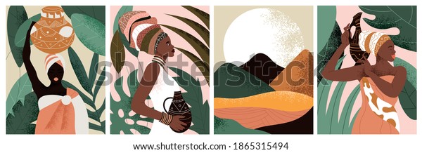 Set of African woman wearing traditional clothes