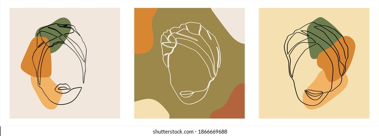 Set of African Woman Wearing Turban Headscarf Single Line Art Vector.  Elegant Fashionable Muslim Girl Line Art Illustration perfect for Social Media Template and Wall Art. 