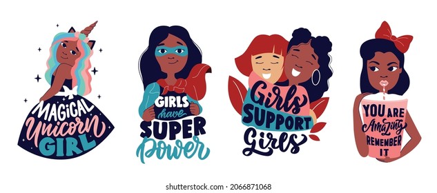 The set of African woman's is a magic unicorn, superpower, supporting girls, amazing. Vector illustration