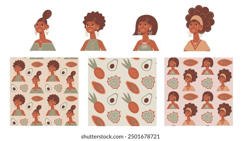 Set of african women portraits and seamless patterns with people and tropical fruits. Collection of vector avatar and food wallpaper. Texture for textile or wrapping paper.