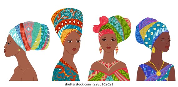Set of African young women in ethnic headdresses isolated on a white background. Portraits of African girls in fashion colorful scarves. Cartoon vector illustration of beautiful girls for your avatar