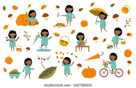 Set of African-American black girl in an autumn jacket plays with leaves, launches a paper boat, rides a bicycle, carries pumpkins and has fun in the fall. Cute Vector Illustration