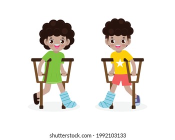 Set of African-american kids injured with broken leg in gypsum, little children standing on crutches, cartoon teen disabled character broken leg in plaster isolated on background Vector illustration