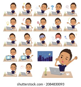 A set of African-American men in sportswear on desk work.It's vector art so easy to edit.