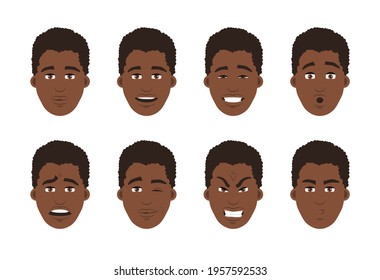 Set of African-American men's faces with different expressions. Vector flat design
