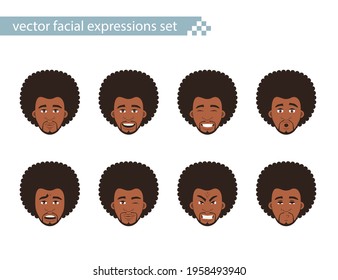 Set of African-American men's faces with different facial expressions. Vector flat design cartoon character design illustration with afro hair style on transparent background.