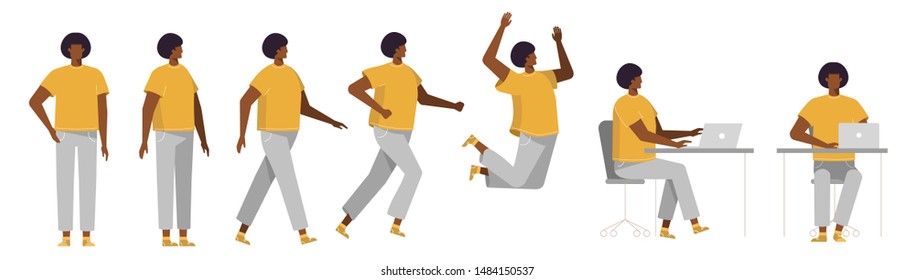 Set of Afro American man in different poses. Male character for your design project, animation. Vector trendy illustration, flat design. White background, isolated. Boy walk, stand, run, jump, sit