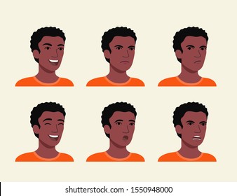 Set of  afro american man emotion. Vector flat style illustration