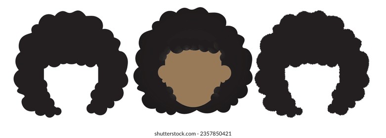 Set of Afro Hair isolated on white background. Afro Wig silhouettes with and without face. Frame of afro hair. Vector. 