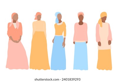 Set of afro women, female figures wearing modest clothing and headcovers. Isolated vector elements. 
