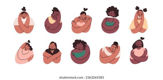 A set of afro women hugging. Self-Hugging. Caring for yourself, loving yourself, supporting yourself. 