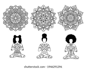 Set of afro yoga woman doing yoga. Collection of meditating girls in the lotus position. Meditation pose. Lotus flower mandala set. Vector illustration isolated on white background.