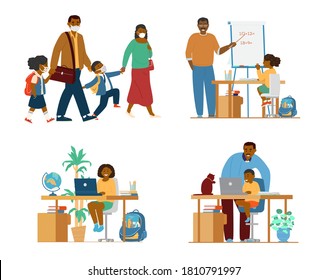 Set Of Afroamercian Family With School Children In Different Situations. Going To School In Protective Masks, Homeschooling, Making Homework. Flat Vector Illustration.