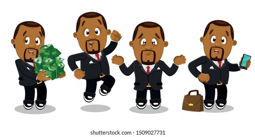 Set of afro-american bearded businessman in black formal suit in different mood and poses. African man keeping lots of money, jumping for joy, making helpless gesture, looking to smartphone