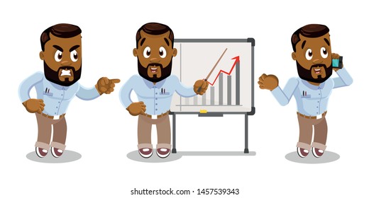 Set with afro-american bearded businessman in different situations: conflict, presentation near flipchart related with good work results, communicating by smartphone. Vector cartoon isolated on white.