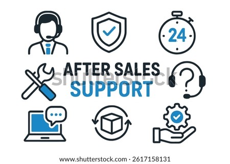 A set of after sales support icons in black and blue hues on a white background