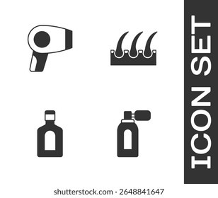 Set Aftershave com atomizador, secador de cabelo, Garrafa de shampoo e ícone de folículo de cabelo humano. Vetor