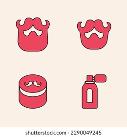 Set Aftershave with atomizer, Mustache and beard,  and Gel or wax for hair styling icon. Vector