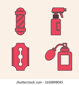 Set Aftershave bottle with atomizer, Classic Barber shop pole, Hairdresser pistol spray bottle and Blade razor icon. Vector
