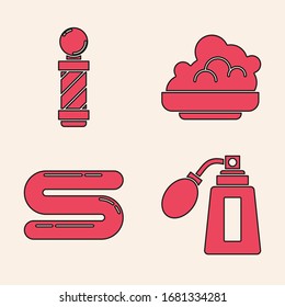 Set Aftershave bottle with atomizer, Classic Barber shop pole, Shaving gel foam and Towel icon. Vector