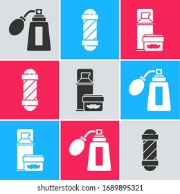 Set Aftershave Flasche mit Zerstäuber, Classic Barber Shop Pol und Shave Gel Schaumsymbol. Vektorillustration