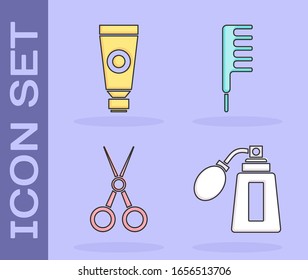 Set Aftershave bottle with atomizer, Cream or lotion cosmetic tube, Scissors hairdresser and Hairbrush icon. Vector
