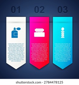 Set Aftershave bottle with atomizer, Cream or lotion cosmetic tube and Classic Barber shop pole. Business infographic template. Vector