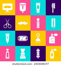 Set Aftershave botella con atomizador, Plancha de curling para el pelo, Tubo cosmético de crema lotion, Mustache, Peluquería de tijeras, Barbershop e ícono de barra clásica. Vector