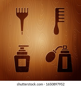 Set Aftershave bottle with atomizer, Hairbrush, Bottle of shampoo and Hairbrush on wooden background. Vector