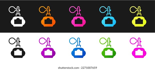 Set Aftershave bottle with atomizer icon isolated on black and white background. Cologne spray icon. Male perfume bottle.  Vector