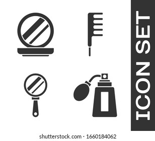 Set Aftershave bottle with atomizer, Makeup powder with mirror, Hand mirror and Hairbrush icon. Vector