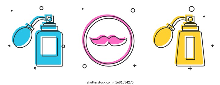 Die Aftershave-Flasche mit Zerstäuber, Mustache und Aftershave-Flasche mit Zerstäuber-Icon. Vektorillustration