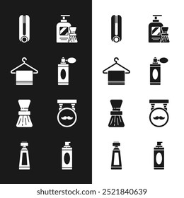 Set Botella de afeitado con atomizador, toalla en la percha, rizador para el cabello, gel de afeitar espuma y cepillo, barbería y crema de loción icono de tubo cosmético. Vector