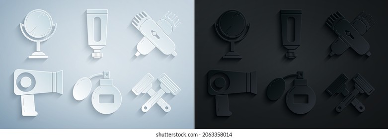 Set Aftershave, Crossed electrical hair clipper or shaver, Hair dryer, shaving razor, Cream lotion cosmetic tube and Hand mirror icon. Vector
