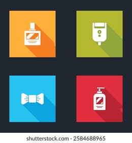 Set Aftershave, Electric razor blade for men, Bow tie and Bottle of shampoo icon. Vector