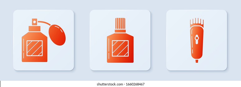 Set Aftershave, Aftershave and Electrical hair clipper or shaver. White square button. Vector