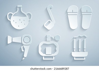 Set Aftershave, Flip flops, Hair dryer, Incense sticks, Sauna ladle and Essential oil bottle icon. Vector
