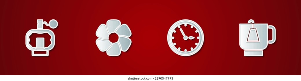 Set Aftershave, Flower, Sauna clock and Cup of tea with tea bag icon. Vector