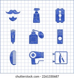 Set Aftershave, Hair dryer, Barbershop with razor, Shaving gel foam, Hairbrush, Electrical hair clipper shaver, Blade and Mustache and beard icon. Vector