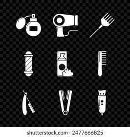 Set Aftershave, Hair dryer, Hairbrush, Straight razor, Curling iron for hair, Electrical clipper shaver, Classic Barber shop pole and Shaving gel foam icon. Vector