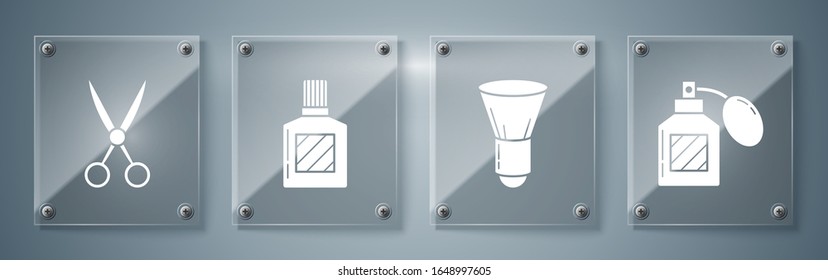 Set Aftershave, Shaving brush, Aftershave and Scissors hairdresser. Square glass panels. Vector