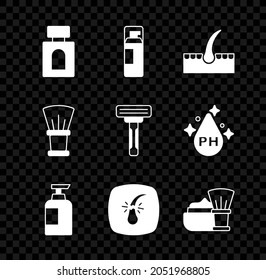 Set Aftershave, Shaving gel foam, Human hair follicle, Bottle of shampoo, Broken, brush with,  and razor icon. Vector