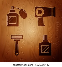 Set Aftershave, Aftershave, Shaving razor and Hair dryer on wooden background. Vector