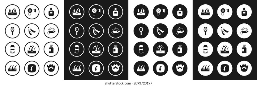 Set Aftershave, Straight razor, Hand mirror, Human hair follicle, Shaving foam on hand, Hair dryer, Bottle of shampoo and brush icon. Vector