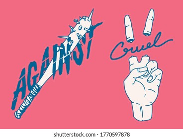 A set of "Against" and "Cruel" concept logo/ sticker design, cute, fun and mean anti social vibe, simple 2 tone mono pastel color, flat hand drawn style