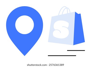 Set against a white background, a blue location pin symbol and a grey shopping bag with a white S are visible. Ideal for online shopping e-commerce retail navigation maps delivery businesses shopping